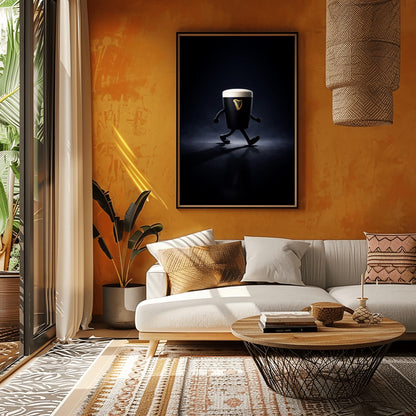 A vertical cinematic illustration of a 3D Guinness pint character with cartoon arms and legs, walking across a reflective dark floor. The background is a dark, moody void with a faint blue atmospheric glow. The pint features a crisp white foam head and a golden harp logo.