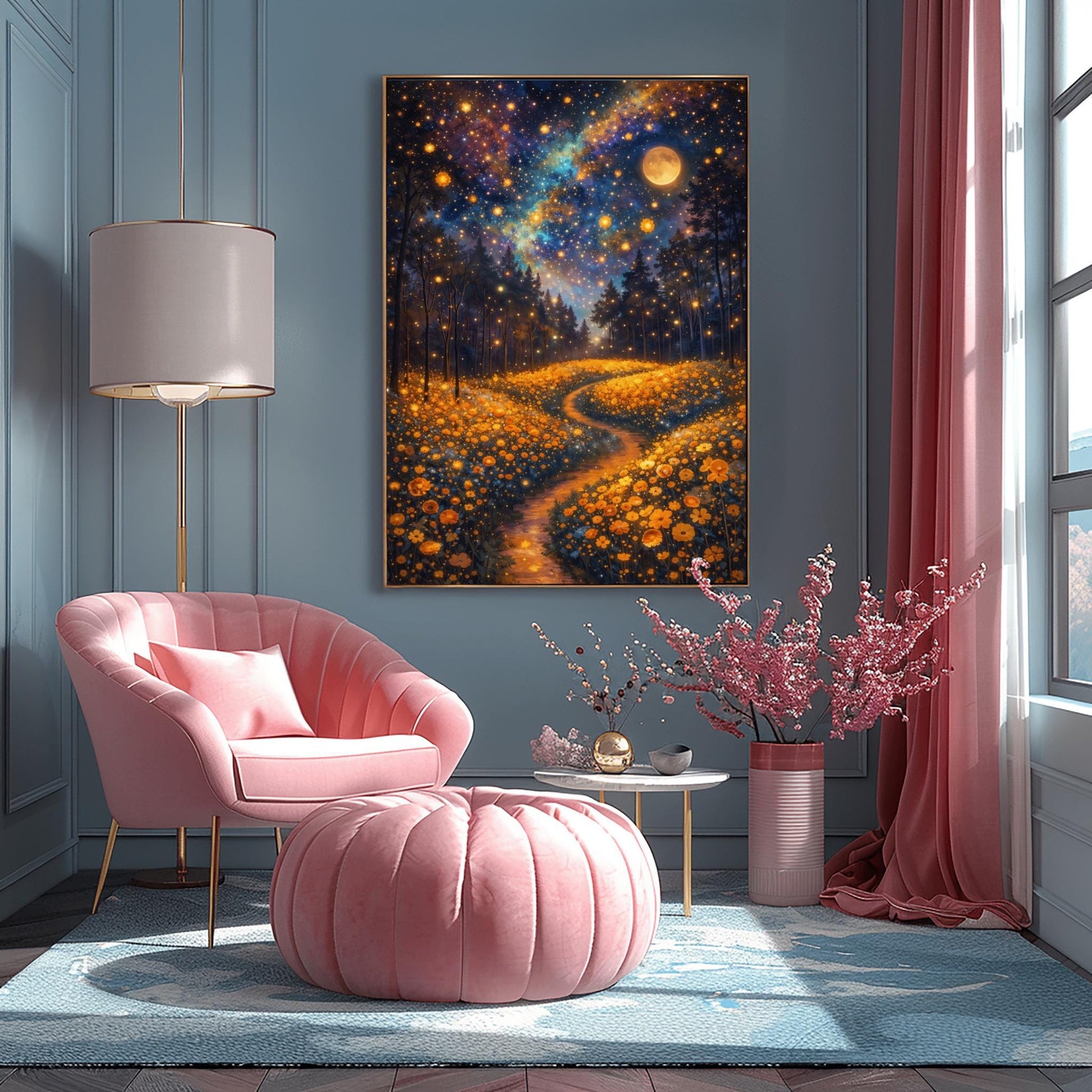 A vertical fine art print in the style of Gustav Klimt. A glowing path winds through a dense field of amber-colored wildflowers. Dark silhouettes of trees stand in the middle ground. The night sky is a deep indigo nebula filled with golden stars and a large, glowing full moon.