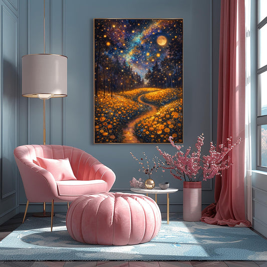 A vertical fine art print in the style of Gustav Klimt. A glowing path winds through a dense field of amber-colored wildflowers. Dark silhouettes of trees stand in the middle ground. The night sky is a deep indigo nebula filled with golden stars and a large, glowing full moon.