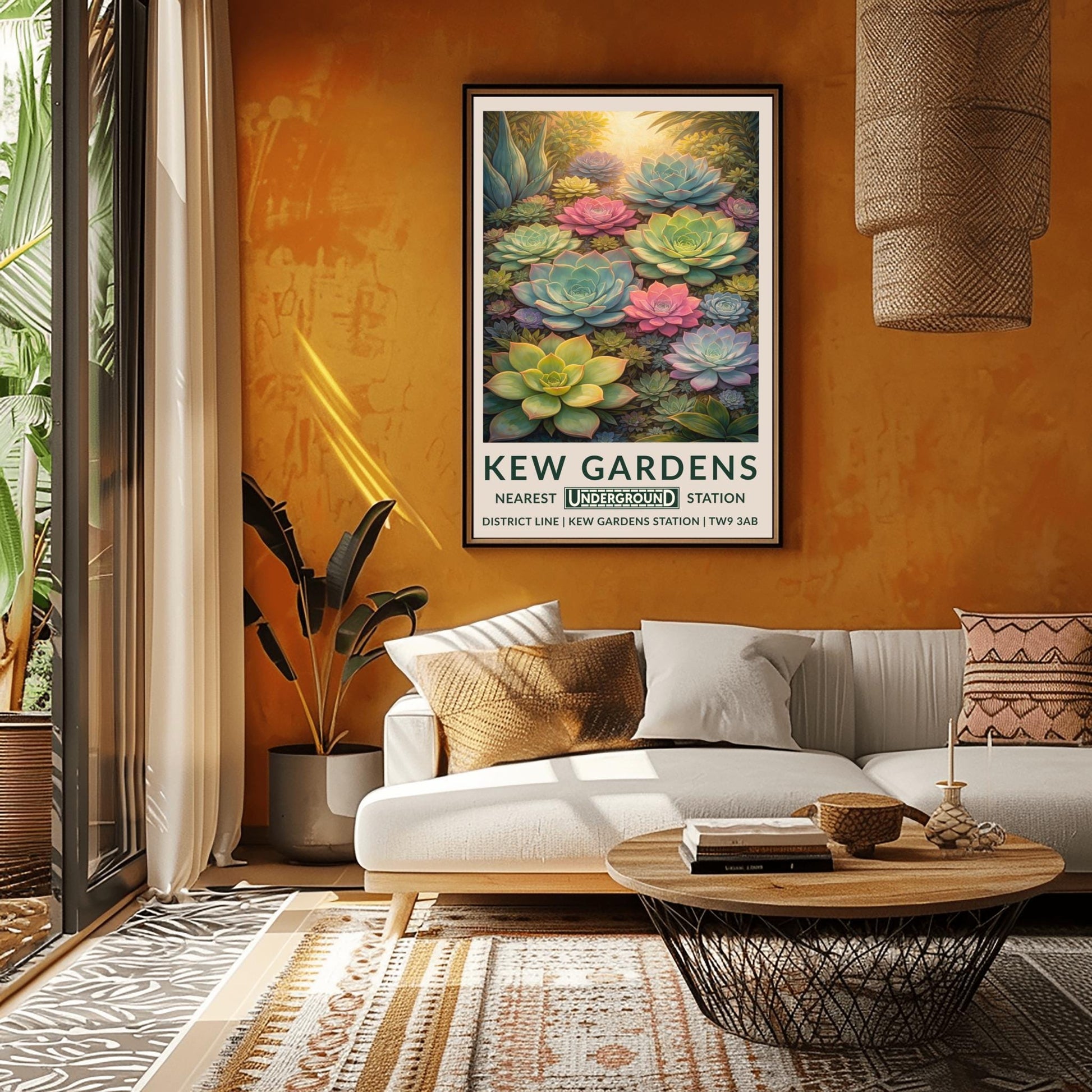 A vertical vintage travel poster for Kew Gardens featuring a dense, top-down view of many succulent plants. The composition is filled with large and small Echeveria rosettes in soft pastel shades of pink, light green, and pale blue. Warm sunlight glows from the top of the frame, highlighting the edges of the thick, fleshy leaves. The bottom features a cream border with bold green text: "KEW GARDENS" and "NEAREST UNDERGROUND STATION" with District Line details.