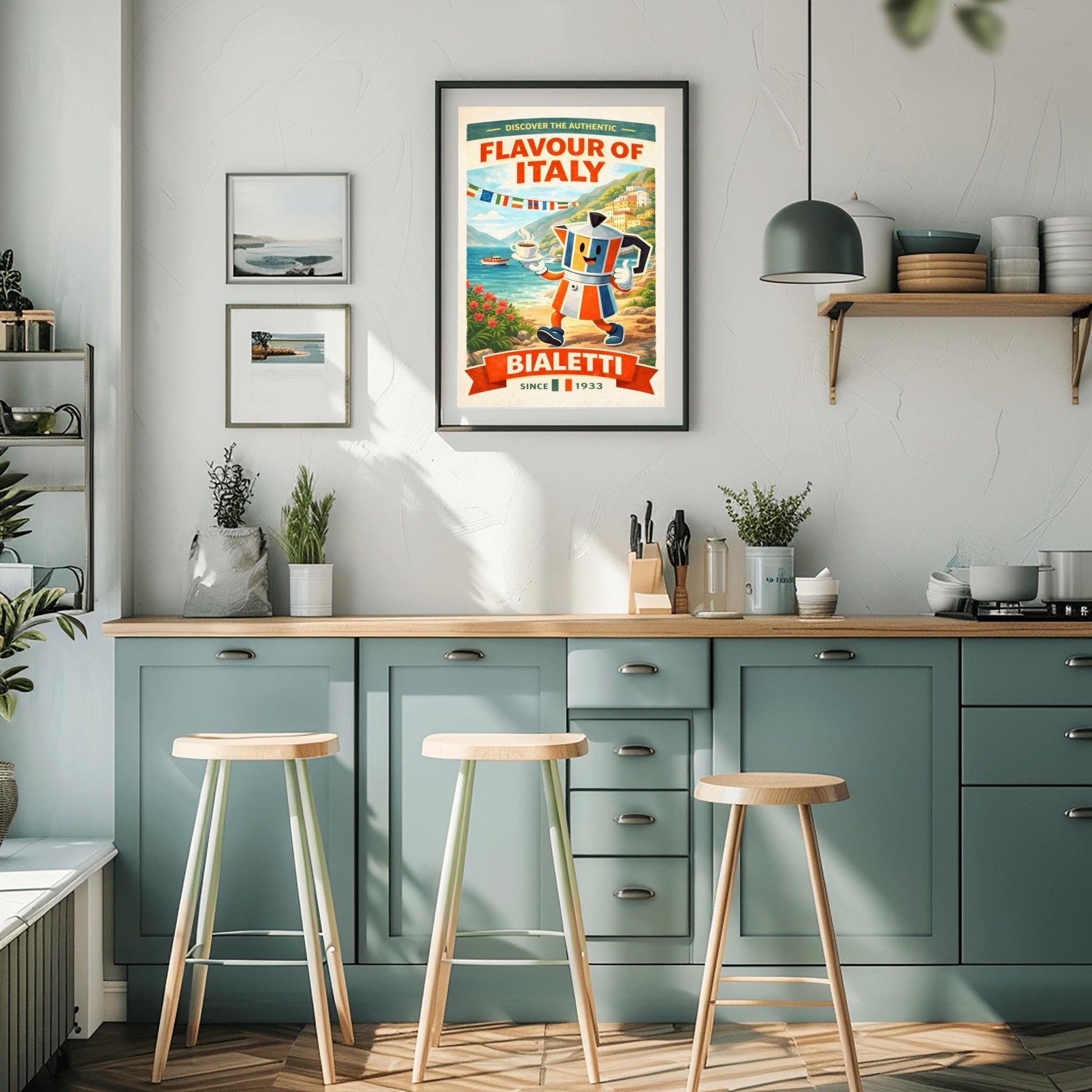 Bialetti Flavour of Italy Poster - Italian Riviera Coffee Art - Retro Moka Pot Mascot Print - Amalfi Coast Kitchen Decor - Whimsical Espresso Bar Wall Art - Vintage Travel Illustration
