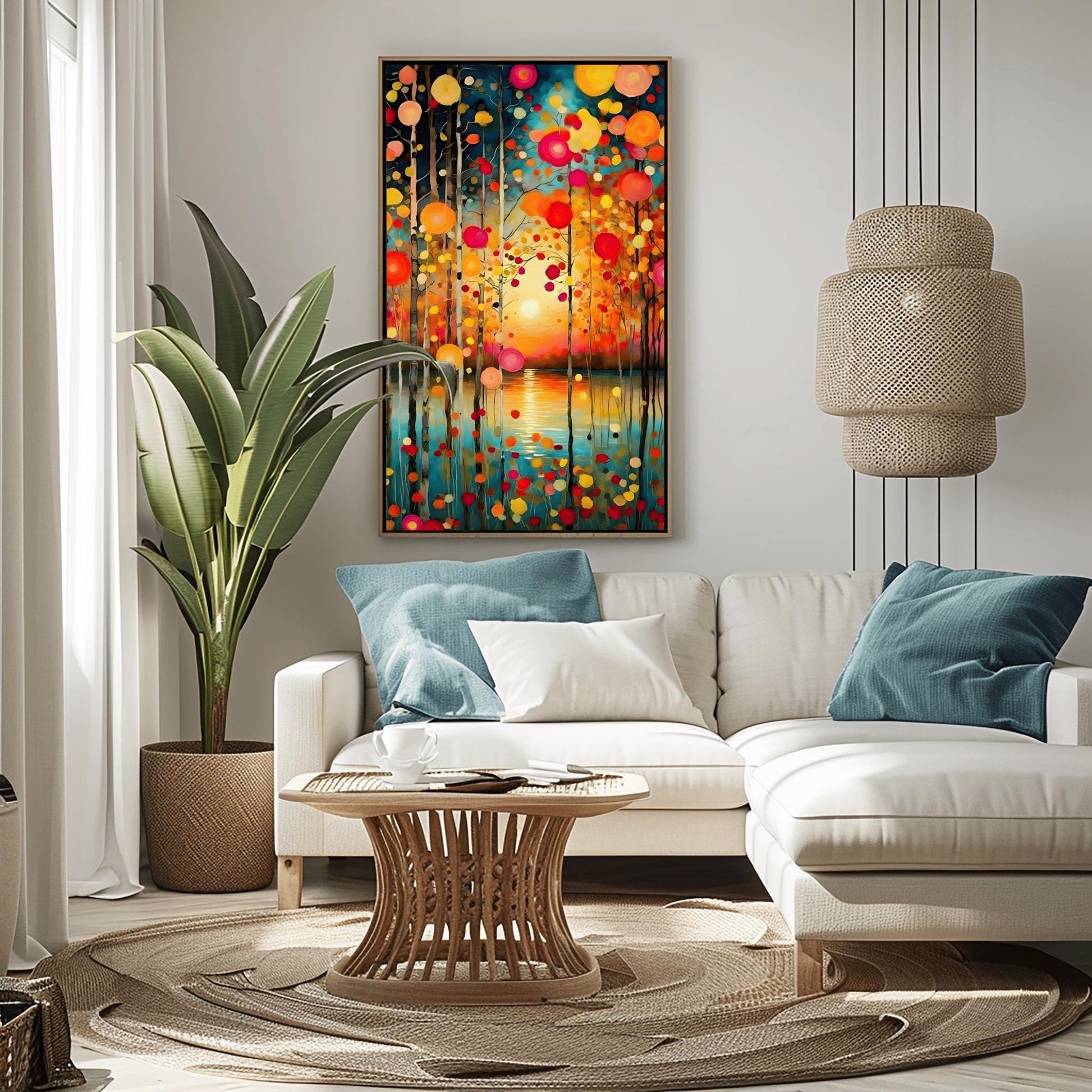 A vertical oil painting in the style of Gustav Klimt. Slender birch trees stand in the foreground of a calm turquoise lake. A soft, glowing sun is centered on the horizon, reflecting in the water. The trees are decorated with floating, circular mosaic leaves in vibrant shades of red, orange, and yellow. The style is highly textured with decorative patterns throughout the sky and water.