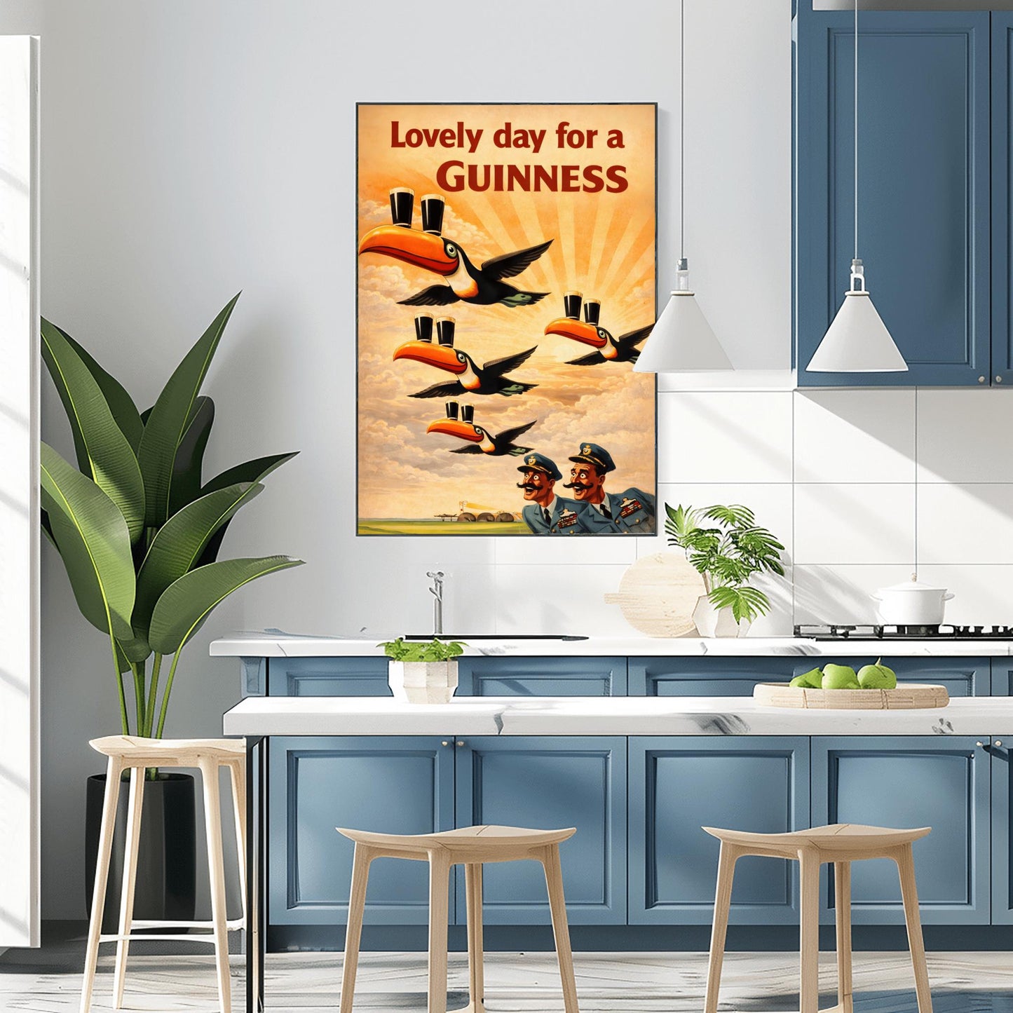 A vertical vintage-style advertising poster for Guinness. Four toucans fly through a sepia-toned sky with sunbeams, each balancing two pints of beer on its beak. Two surprised pilots in blue uniforms look up from the bottom right. Red text at the top reads "Lovely day for a GUINNESS."