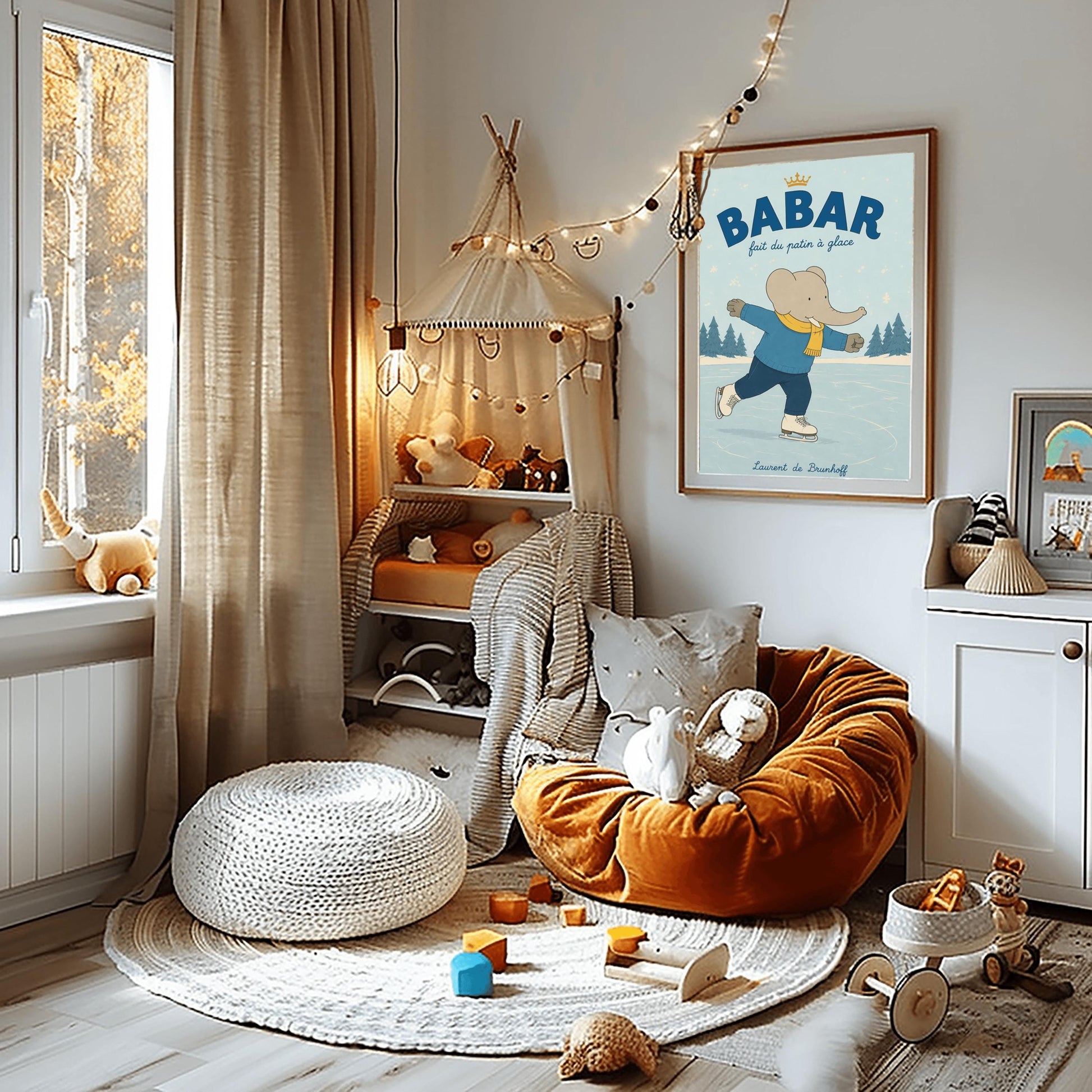 A vertical storybook-style art print featuring Babar the Elephant ice skating on a frozen pond. Babar is wearing a blue sweater, dark pants, a yellow scarf, and white ice skates. He is shown mid-stride with one leg lifted. The background consists of snowy pine trees under a light blue sky with falling snowflakes. The top of the print reads "BABAR fait du patin à glace" with a small gold crown.