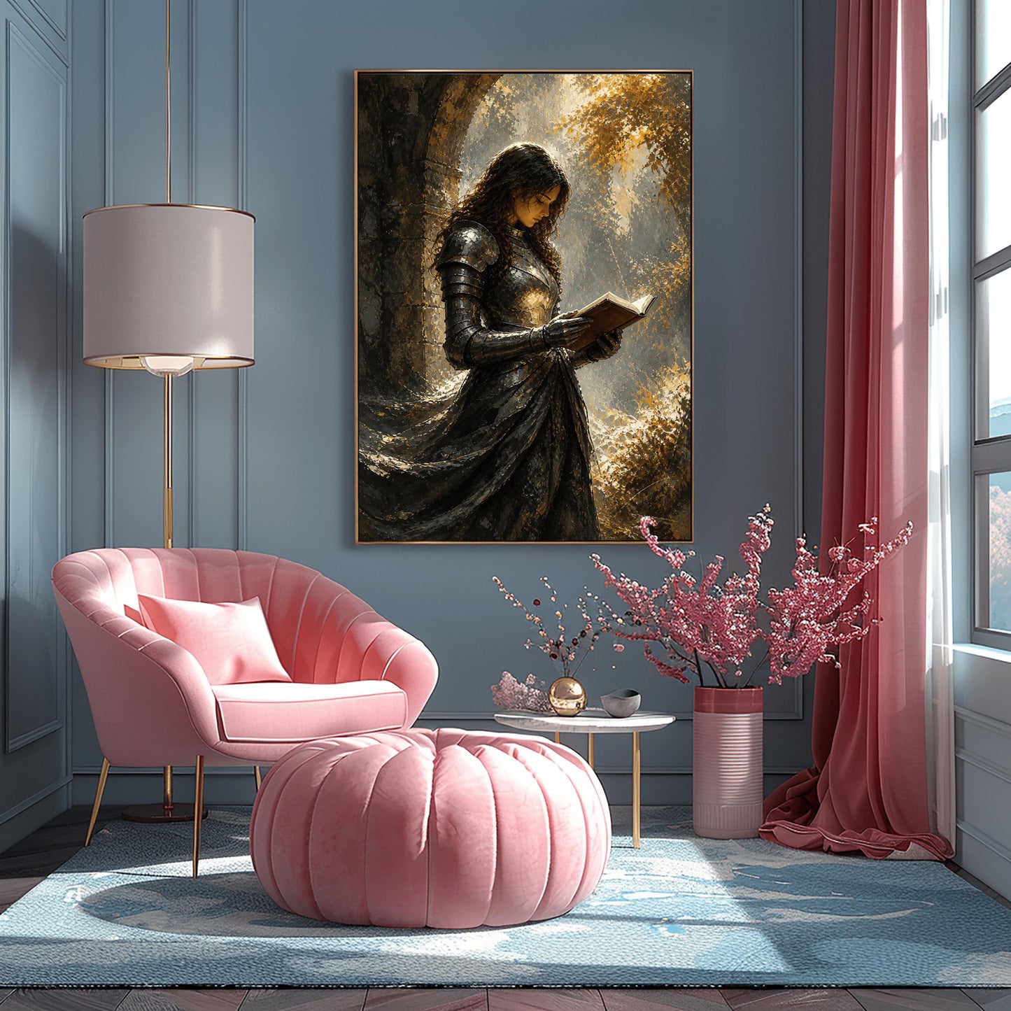A vertical art print featuring a woman in full medieval steel armor standing under a stone archway. She has long dark hair and is looking down, reading an open book held in her armored hands. The style is painterly with heavy textures. Warm, dappled golden sunlight filters through leaves in the background, reflecting off her polished armor. She wears a long, dark flowing cloak.