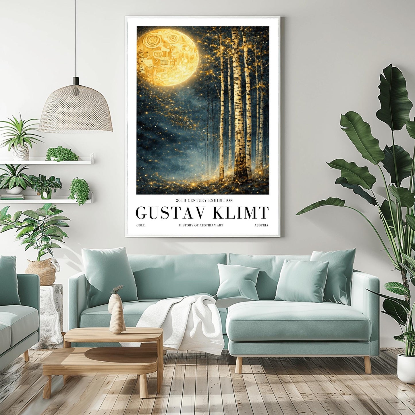 A vertical Art Nouveau illustration in the style of Gustav Klimt. A large, patterned golden moon sits in the upper left corner of a dark, misty teal forest. Slender birch trees stand on the right, while a swirl of golden stardust flows across the center.