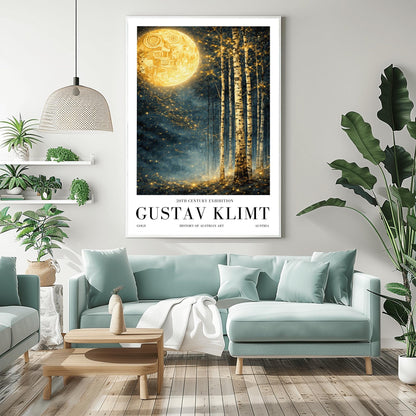 A vertical Art Nouveau illustration in the style of Gustav Klimt. A large, patterned golden moon sits in the upper left corner of a dark, misty teal forest. Slender birch trees stand on the right, while a swirl of golden stardust flows across the center.