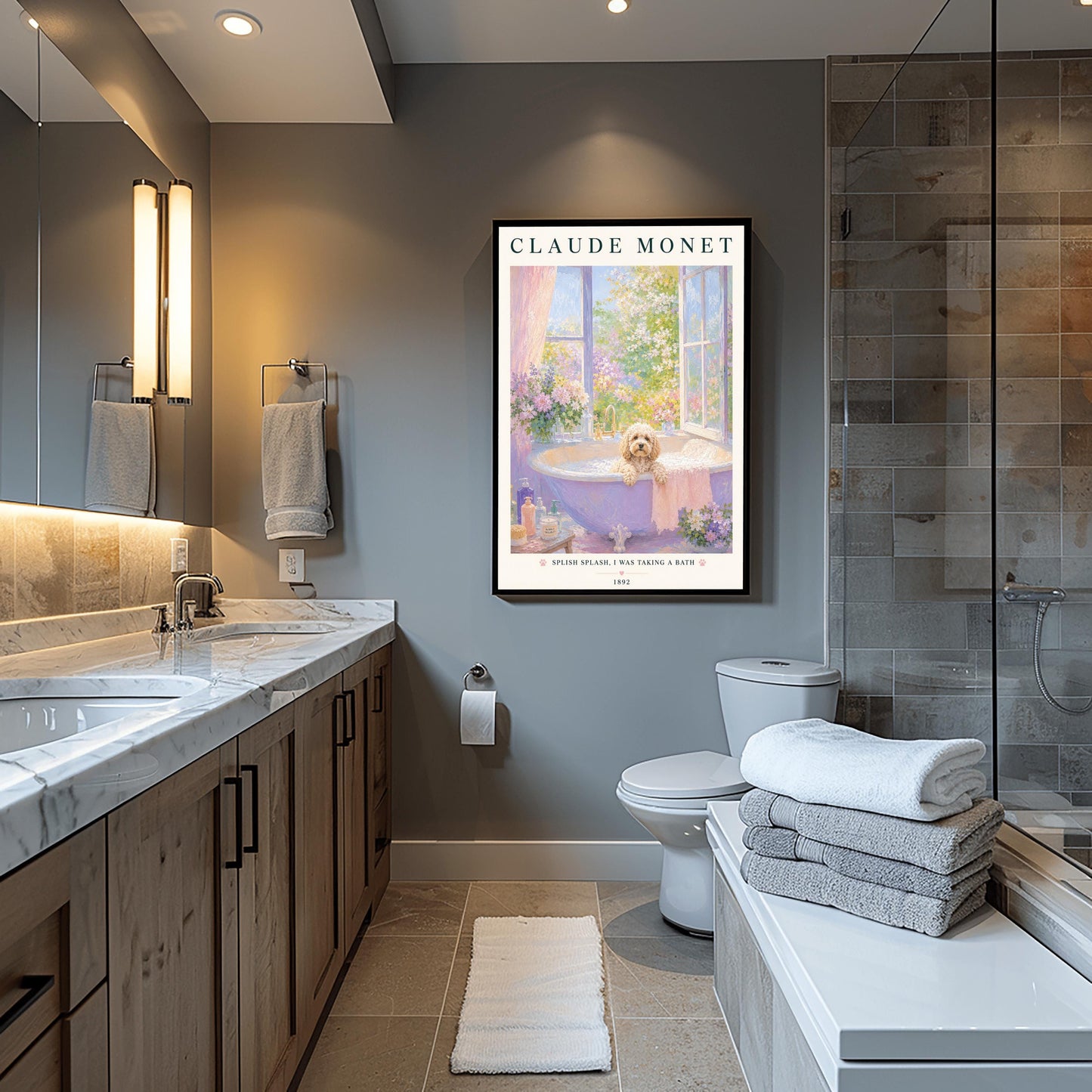 A vertical art print in a soft impressionist style. A small, fluffy, cream-colored dog sits in a lavender-colored bathtub filled with soapy bubbles. The tub is by an open window overlooking a sunlit garden of pink and purple flowers. The top of the print says "CLAUDE MONET" in a dark serif font. The bottom features the text "SPLISH SPLASH, I WAS TAKING A BATH" with small pink paw prints.