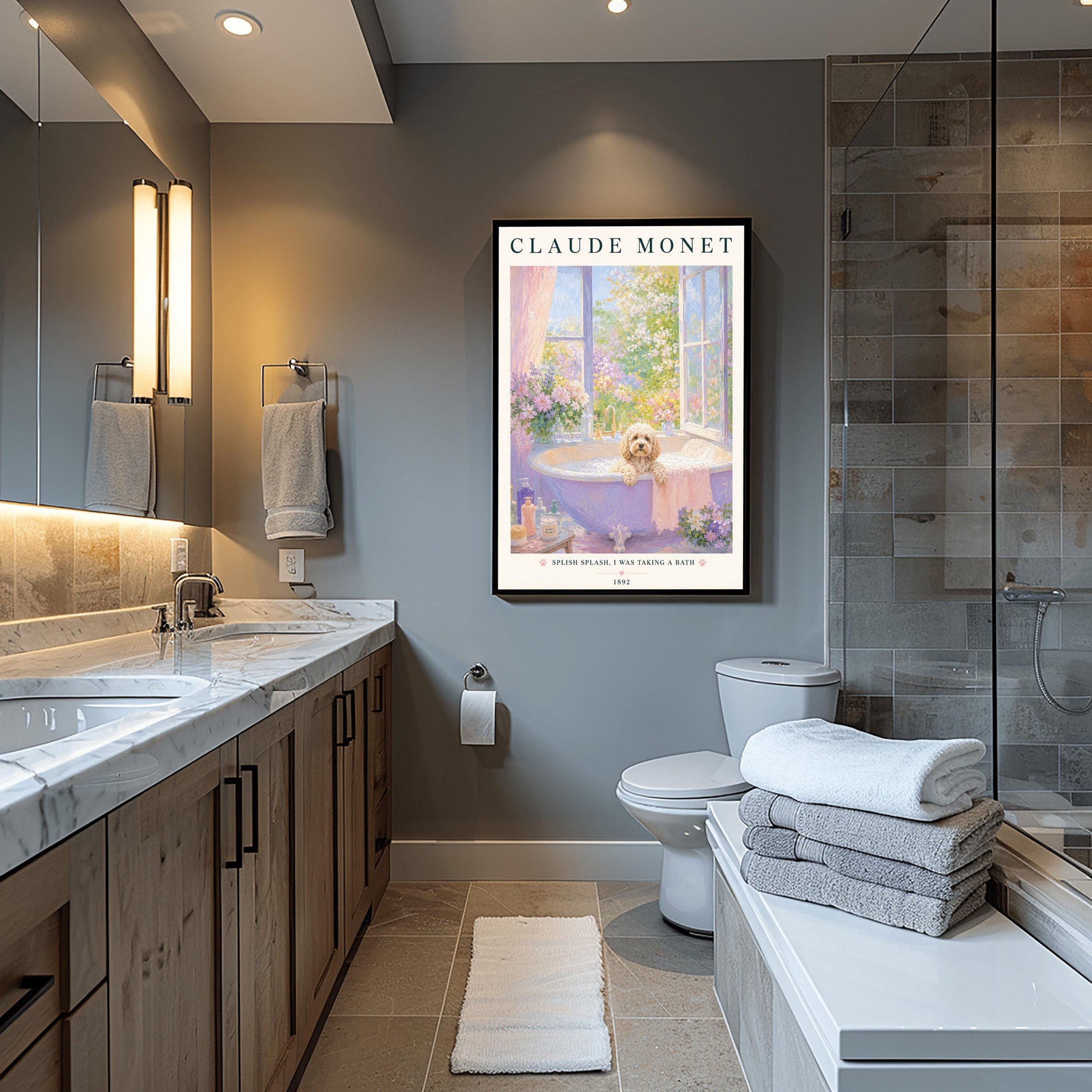 A vertical art print in a soft impressionist style. A small, fluffy, cream-colored dog sits in a lavender-colored bathtub filled with soapy bubbles. The tub is by an open window overlooking a sunlit garden of pink and purple flowers. The top of the print says "CLAUDE MONET" in a dark serif font. The bottom features the text "SPLISH SPLASH, I WAS TAKING A BATH" with small pink paw prints.