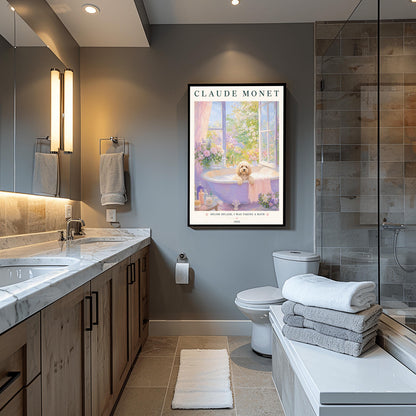 A vertical art print in a soft impressionist style. A small, fluffy, cream-colored dog sits in a lavender-colored bathtub filled with soapy bubbles. The tub is by an open window overlooking a sunlit garden of pink and purple flowers. The top of the print says "CLAUDE MONET" in a dark serif font. The bottom features the text "SPLISH SPLASH, I WAS TAKING A BATH" with small pink paw prints.