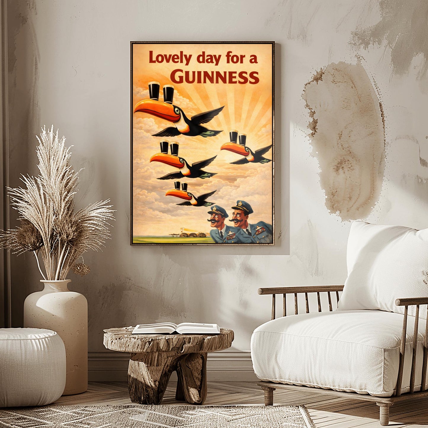 A vertical vintage-style advertising poster for Guinness. Four toucans fly through a sepia-toned sky with sunbeams, each balancing two pints of beer on its beak. Two surprised pilots in blue uniforms look up from the bottom right. Red text at the top reads "Lovely day for a GUINNESS."