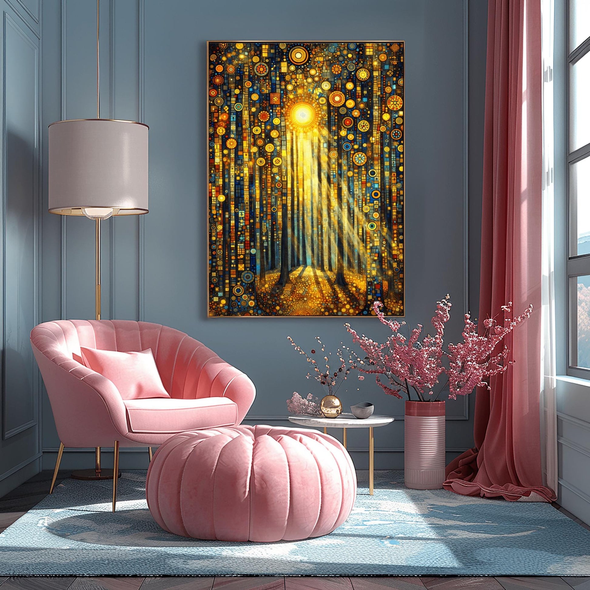A vertical fine art print in the style of Gustav Klimt. Tall, dark tree trunks stand in a forest where the ground and sky are filled with dense gold and blue mosaic circles. A bright sun in the upper center casts long, golden pillars of light down through the trees, illuminating the patterned forest floor.