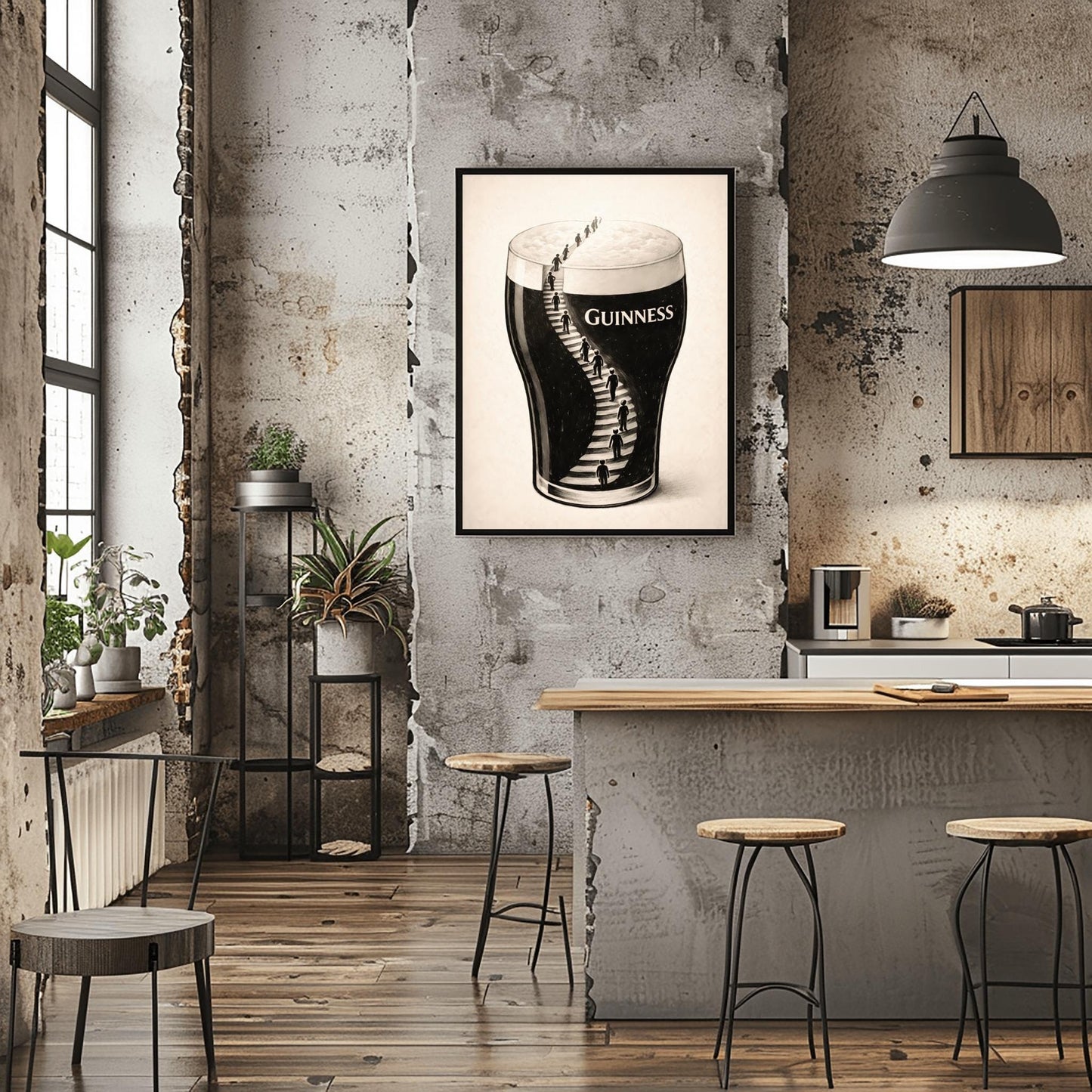A vertical charcoal-style illustration of a pint of Guinness. A winding staircase is carved into the dark body of the stout, with several small human silhouettes climbing the stairs toward the white foam at the top. The background is a clean, off-white textured paper.