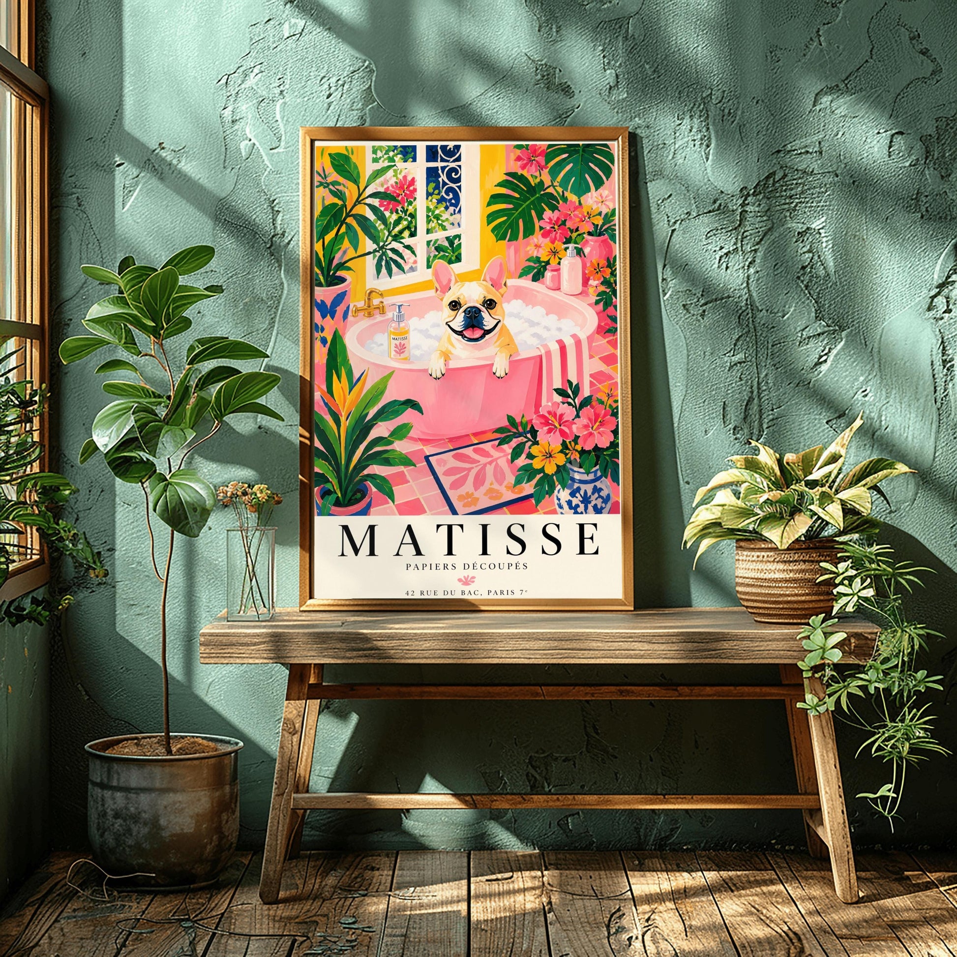 A vertical maximalist art print styled as a Henri Matisse exhibition poster. A tan and white French Bulldog with a wide, happy smile sits in a pink bathtub filled with white bubbles. The bathroom is vibrant with pink tiled floors, yellow walls, and a large window looking out onto a garden. The scene is filled with tropical plants like Monstera and Birds of Paradise. Bold black text at the bottom reads "MATISSE PAPIERS DÉCOUPÉS" with a Paris gallery address.