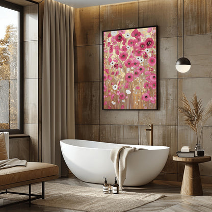 A vertical fine art print in the style of Gustav Klimt. A dense field of vibrant pink and soft white poppies grows against a shimmering, ornate gold leaf background. The scene is filled with golden spirals, geometric patterns, and delicate stems, creating a rich, mosaic-like floral tapestry.