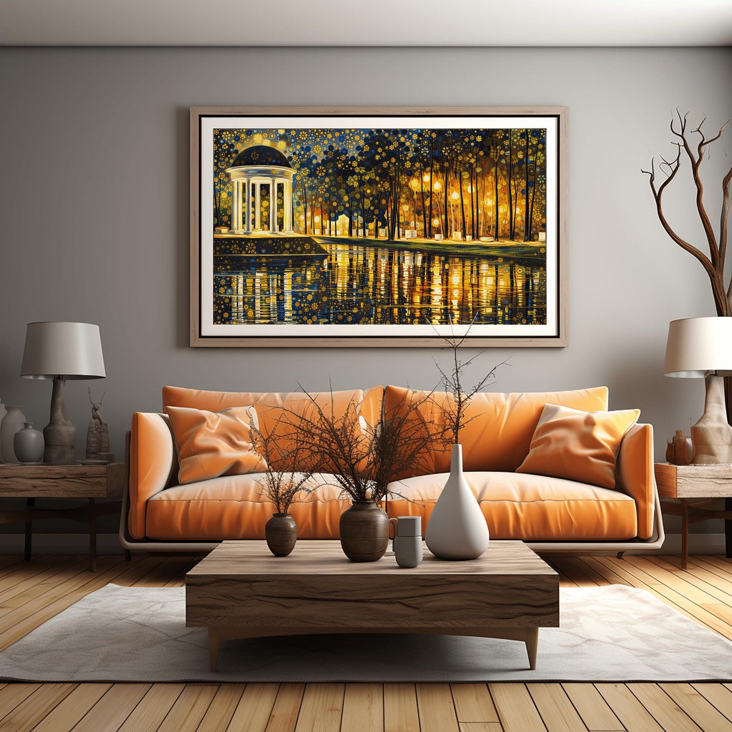 A horizontal fine art print in the style of Gustav Klimt. On the left, a white classical domed pavilion with columns glows brightly. It sits beside a dark lake that reflects the light in golden ripples. To the right is a forest of thin trees. The entire sky is a dense mosaic of golden flower patterns and stars.
