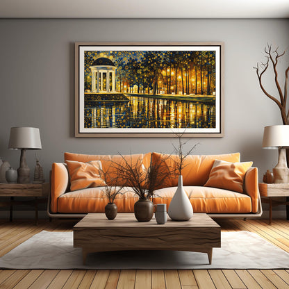 A horizontal fine art print in the style of Gustav Klimt. On the left, a white classical domed pavilion with columns glows brightly. It sits beside a dark lake that reflects the light in golden ripples. To the right is a forest of thin trees. The entire sky is a dense mosaic of golden flower patterns and stars.