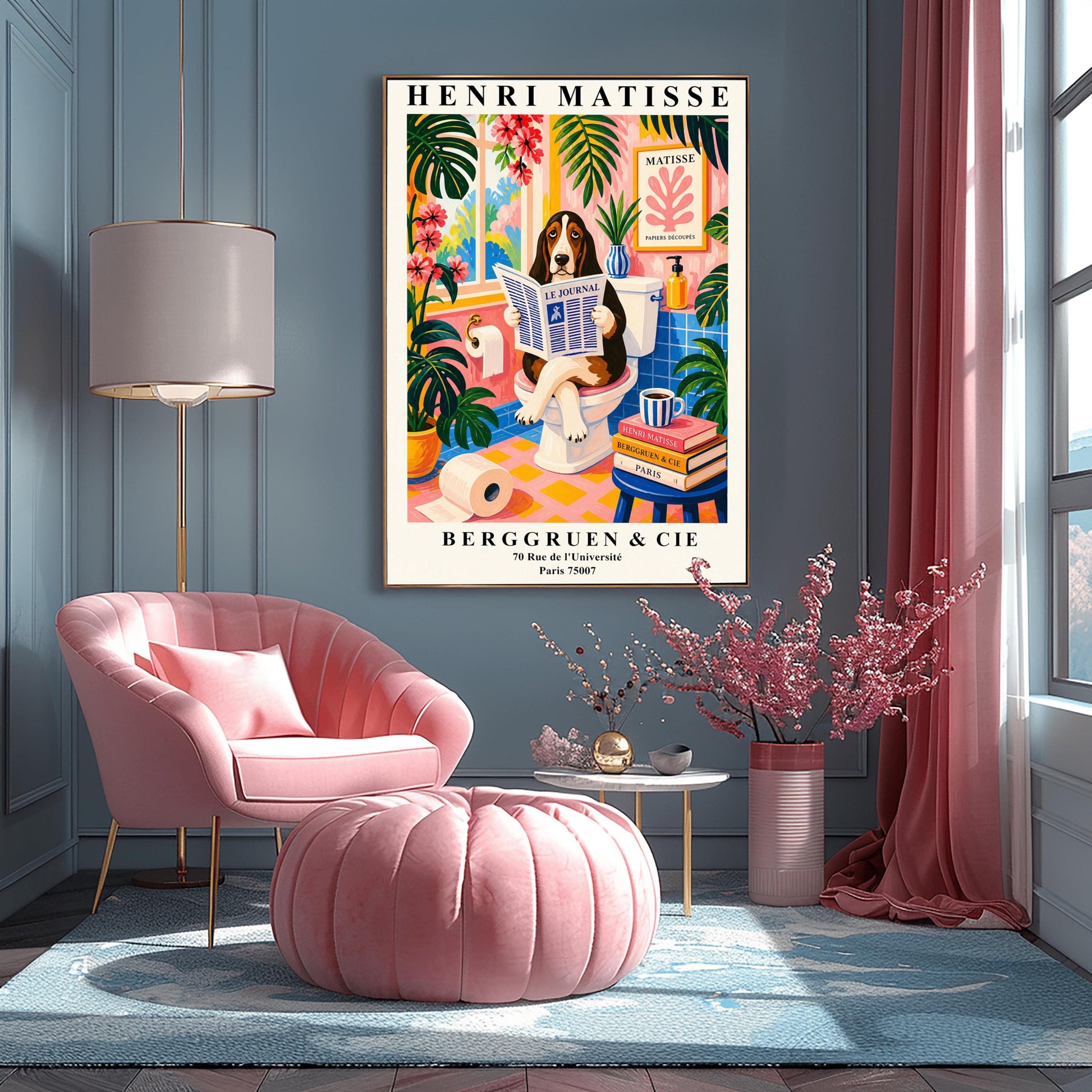 A vertical maximalist art print designed as a Henri Matisse exhibition poster. A brown, black, and white Basset Hound is sitting on a white toilet with its legs crossed, holding and reading a newspaper titled "Le Journal." The bathroom is vibrantly colored with pink walls, blue wall tiles, and a pink and yellow checkered floor. The room is filled with large green tropical plants and red flowers. A stack of art books and a striped mug sit on a blue stool.
