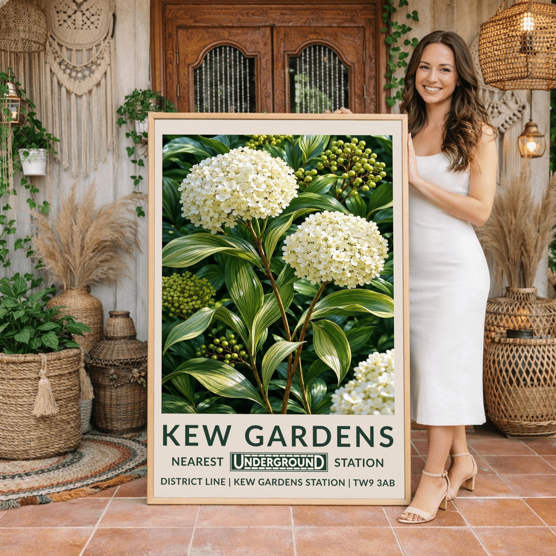 A vertical retro London Underground travel poster for Kew Gardens on a wide cream border. The top image shows a close-up, detailed botanical illustration of two large, round white hydrangea flower clusters surrounded by long, variegated green and white leaves and small green berries. The bottom cream border features the text "KEW GARDENS" in dark green, followed by "NEAREST UNDERGROUND STATION" flanking an authentic boxed Underground logo