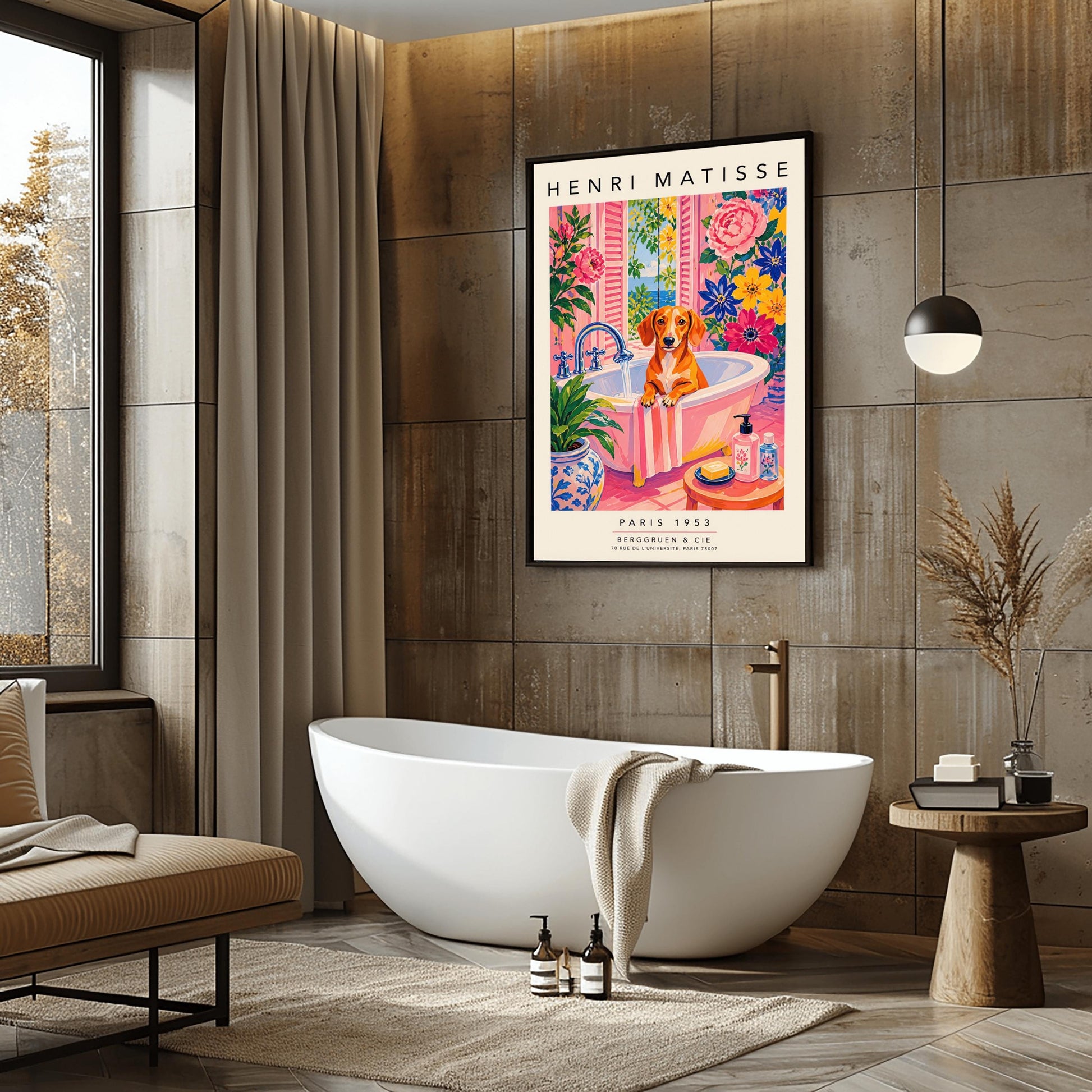 A vertical maximalist art print styled as a Henri Matisse exhibition poster. A brown Dachshund dog sits in a pink bathtub while water pours from a silver faucet. The room features vibrant pink walls and floors, decorated with very large pink, blue, and yellow flowers. A blue and white floral pot sits in the foreground along with a small stool holding soap and bottles. An open window in the background shows a blue sea and green leaves.