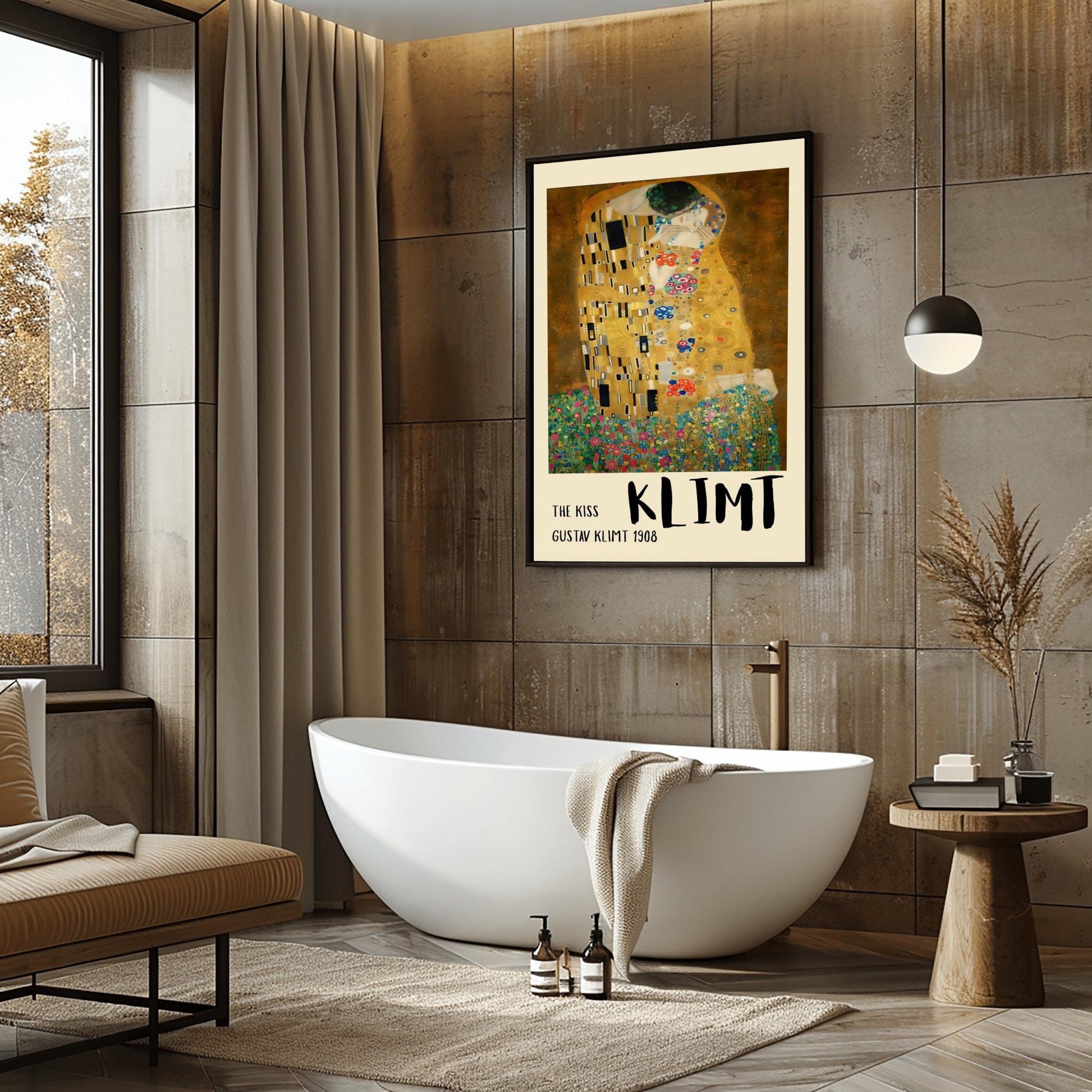 A vertical fine art print of "The Kiss" by Gustav Klimt. Two lovers are shown in an intimate embrace, their bodies covered in elaborate, decorative gold robes. The man's robe features black and white geometric shapes, while the woman's features colorful floral circles. They kneel on a lush bed of colorful wildflowers against a dark, shimmering gold background. The style is rich in mosaic-like patterns and Art Nouveau ornamentation.