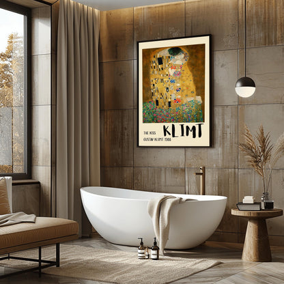 A vertical fine art print of "The Kiss" by Gustav Klimt. Two lovers are shown in an intimate embrace, their bodies covered in elaborate, decorative gold robes. The man's robe features black and white geometric shapes, while the woman's features colorful floral circles. They kneel on a lush bed of colorful wildflowers against a dark, shimmering gold background. The style is rich in mosaic-like patterns and Art Nouveau ornamentation.