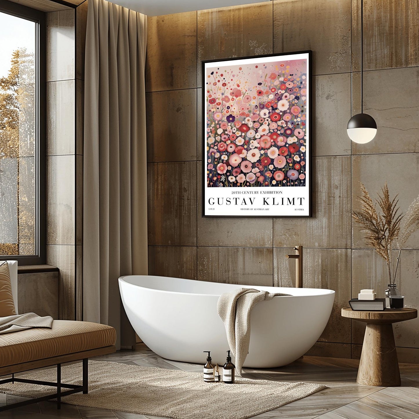 A vertical fine art painting in the style of Gustav Klimt. A dense field of stylized, circular wildflowers in shades of pink, rose, peach, and white fills the bottom two-thirds of the canvas. The background is a misty, textured gradient of soft pink and grey. The style is highly decorative with mosaic-like floral patterns and subtle golden highlights.