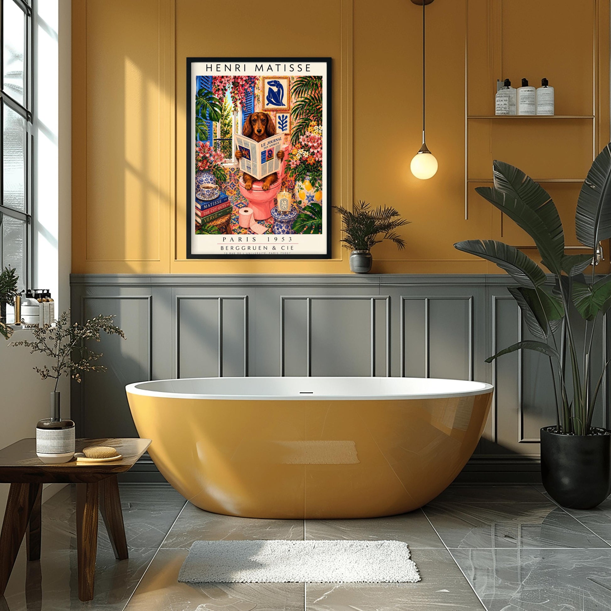 A vertical vintage-style art exhibition poster titled "HENRI MATISSE" at the top and "PARIS 1953 BERGGRUEN & CIE" at the bottom. The main image features a long-haired brown Dachshund dog sitting on a pink toilet inside an incredibly ornate bathroom, reading a newspaper titled "LE JOURNAL DES ANIMAUX". The background is a dense, colorful display of patterned wall tiles, framed Matisse paper cutouts, large green tropical houseplants, and vases full of pink lilies and flowers.