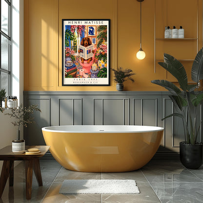 A vertical vintage-style art exhibition poster titled "HENRI MATISSE" at the top and "PARIS 1953 BERGGRUEN & CIE" at the bottom. The main image features a long-haired brown Dachshund dog sitting on a pink toilet inside an incredibly ornate bathroom, reading a newspaper titled "LE JOURNAL DES ANIMAUX". The background is a dense, colorful display of patterned wall tiles, framed Matisse paper cutouts, large green tropical houseplants, and vases full of pink lilies and flowers.
