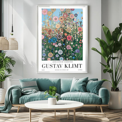 A vertical museum exhibition poster in the style of Gustav Klimt. A dense field of colorful, stylized wildflowers in pink, blue, and orange reaches upward toward a light blue sky filled with golden orbs. Each flower is detailed with mosaic patterns and gold leaf. Bold black text at the bottom reads "GUSTAV KLIMT" and "HISTORY OF AUSTRIAN ART."