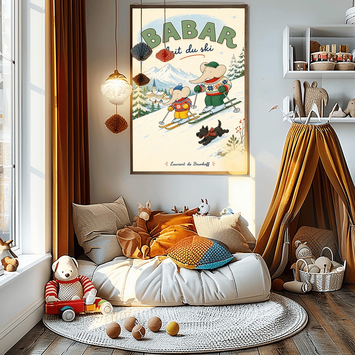 A vertical retro fine art exhibition poster titled "BABAR fait du ski" on a wide cream border. The illustration shows a large elephant and a small elephant skiing down a snowy slope wearing colorful patterned winter sweaters, accompanied by a small black dog in a plaid scarf. A snow-covered village and mountains are visible in the background, with the name "Laurent de Brunhoff" printed at the bottom.