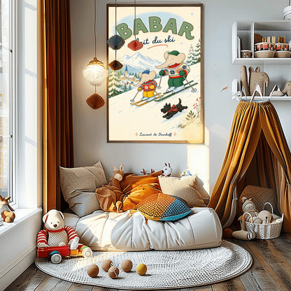 A vertical retro fine art exhibition poster titled "BABAR fait du ski" on a wide cream border. The illustration shows a large elephant and a small elephant skiing down a snowy slope wearing colorful patterned winter sweaters, accompanied by a small black dog in a plaid scarf. A snow-covered village and mountains are visible in the background, with the name "Laurent de Brunhoff" printed at the bottom.
