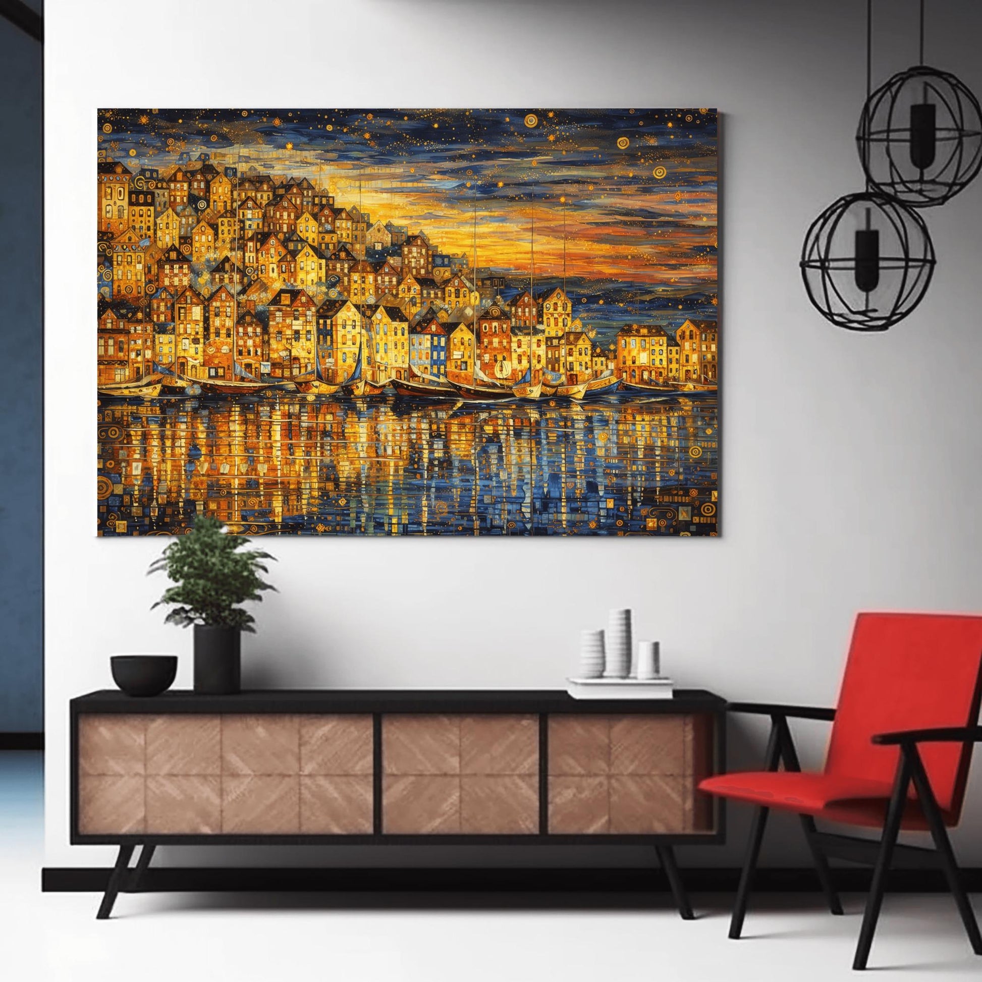 A horizontal landscape art print in the style of Gustav Klimt, depicting a coastal village at dusk. A dense cluster of golden, mosaic-patterned houses sits on a hill overlooking a harbor. Several traditional wooden sailboats are anchored in the water, which reflects the warm gold light of the buildings. The sky above is a dark indigo filled with golden swirling patterns and stylized stars. The overall composition is rich with gold leaf textures and intricate decorative details.