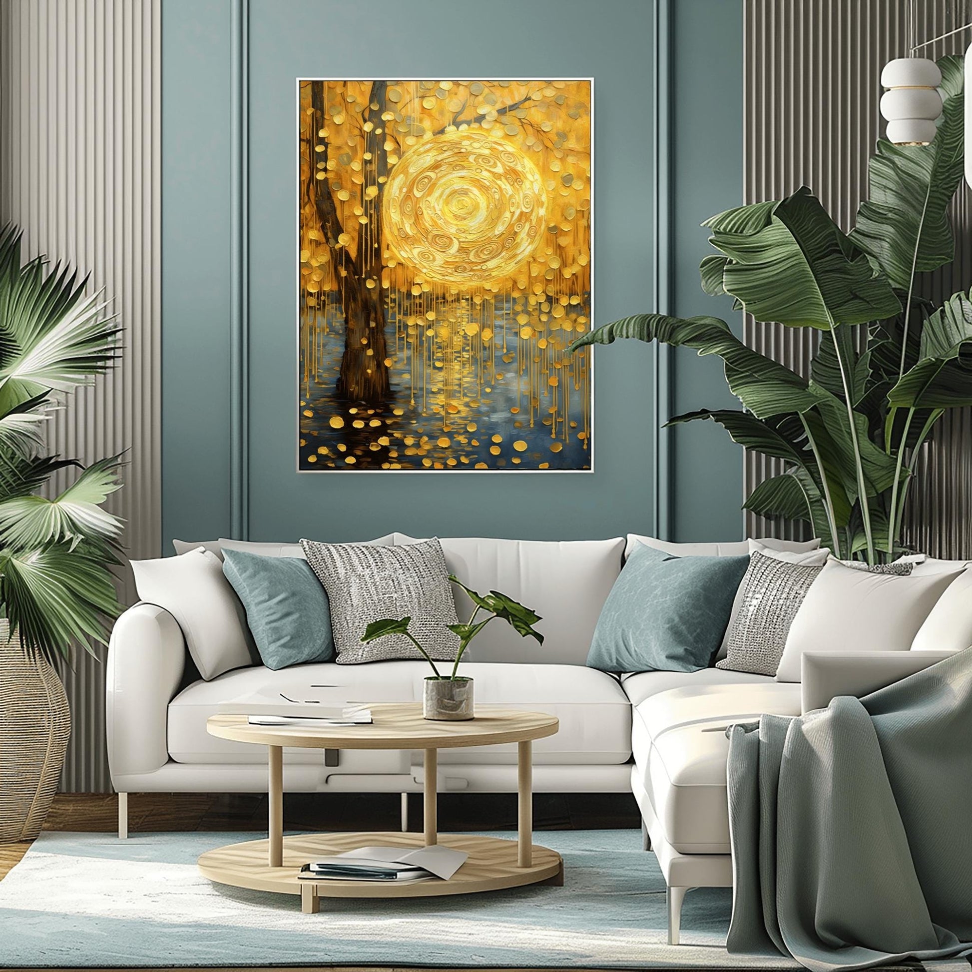 A vertical abstract landscape in the style of Gustav Klimt. A large, swirling golden sun hangs in a warm gold sky next to a dark tree trunk. Cascading golden discs fall from the tree like rain into dark blue water below. The entire scene is filled with intricate spiral textures and shimmering gold leaf effects.