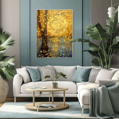 A vertical abstract landscape in the style of Gustav Klimt. A large, swirling golden sun hangs in a warm gold sky next to a dark tree trunk. Cascading golden discs fall from the tree like rain into dark blue water below. The entire scene is filled with intricate spiral textures and shimmering gold leaf effects.