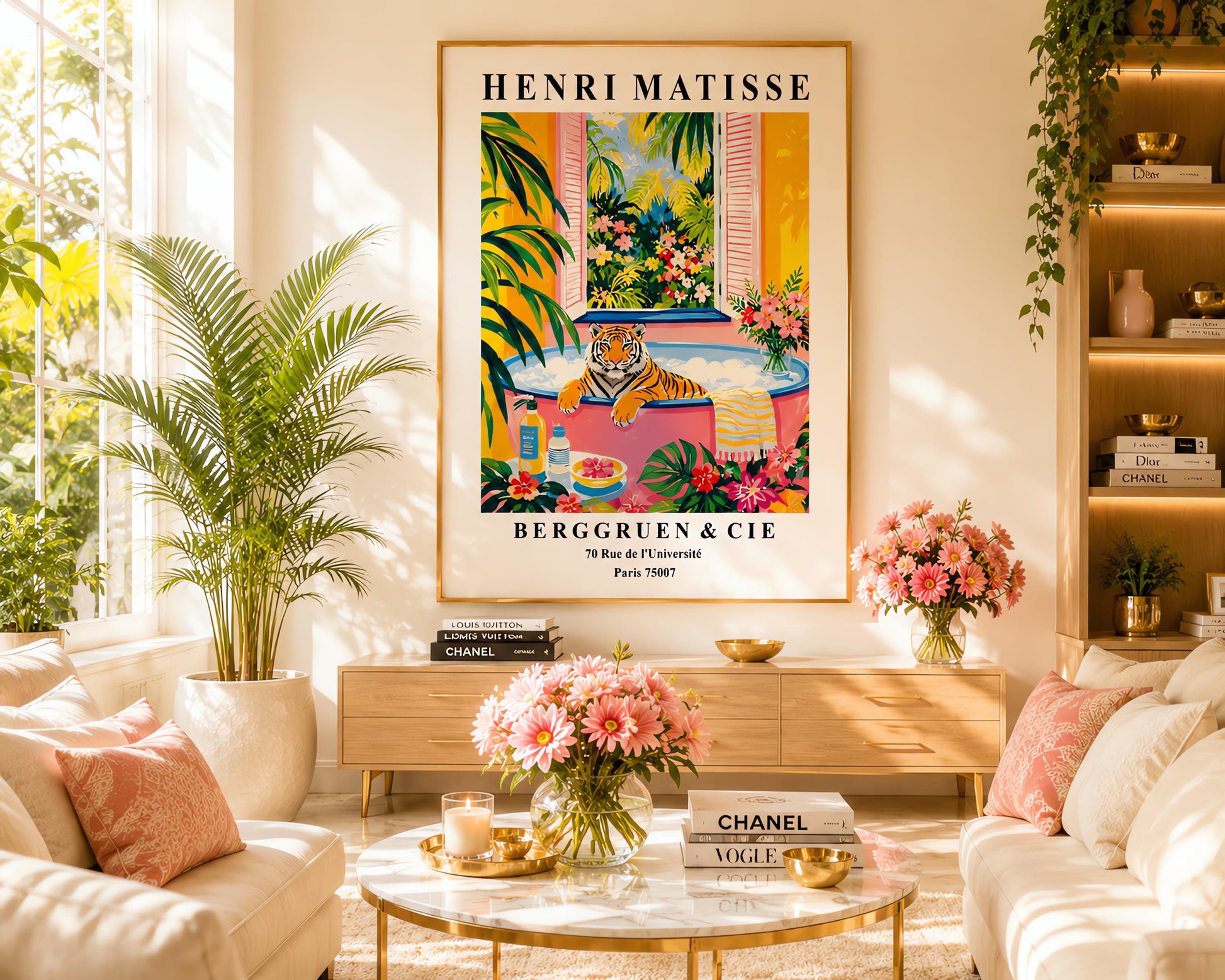 A vertical minimalist fine art exhibition poster in the style of Henri Matisse, featuring a wide white border layout. In the center, a simple black line drawing illustrates a tiger in a crouching, stalking pose. The illustration is set against a vibrant mustard yellow background block, framed by flat paper-cut abstract shapes including a royal blue coral leaf on the left and a terracotta red shape on the right against a solid white backdrop.