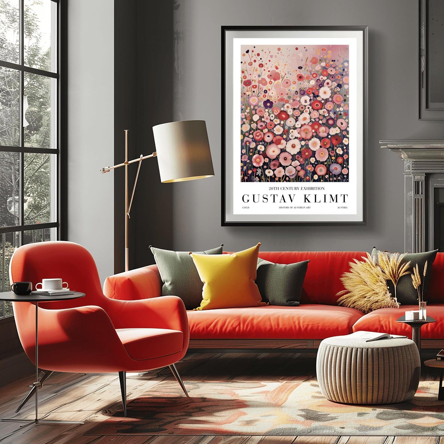 A vertical fine art painting in the style of Gustav Klimt. A dense field of stylized, circular wildflowers in shades of pink, rose, peach, and white fills the bottom two-thirds of the canvas. The background is a misty, textured gradient of soft pink and grey. The style is highly decorative with mosaic-like floral patterns and subtle golden highlights.