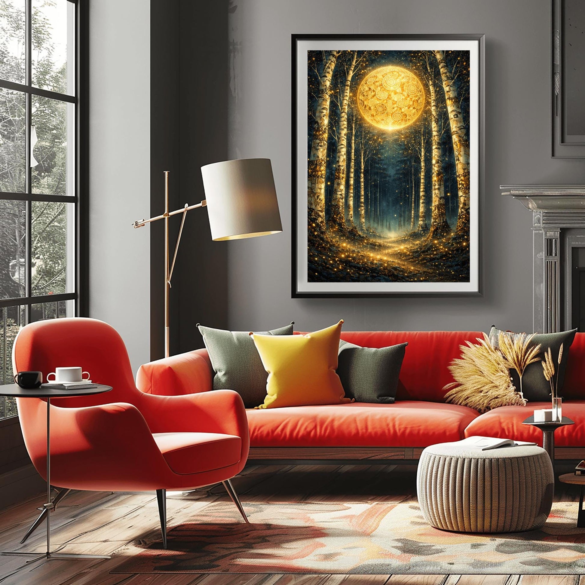 A vertical digital illustration of a birch forest at night. A large, ornate golden moon with swirling patterns glows at the end of a path. The white birch trees are speckled with gold. The ground is covered in sparkling golden lights against a deep dark blue background.