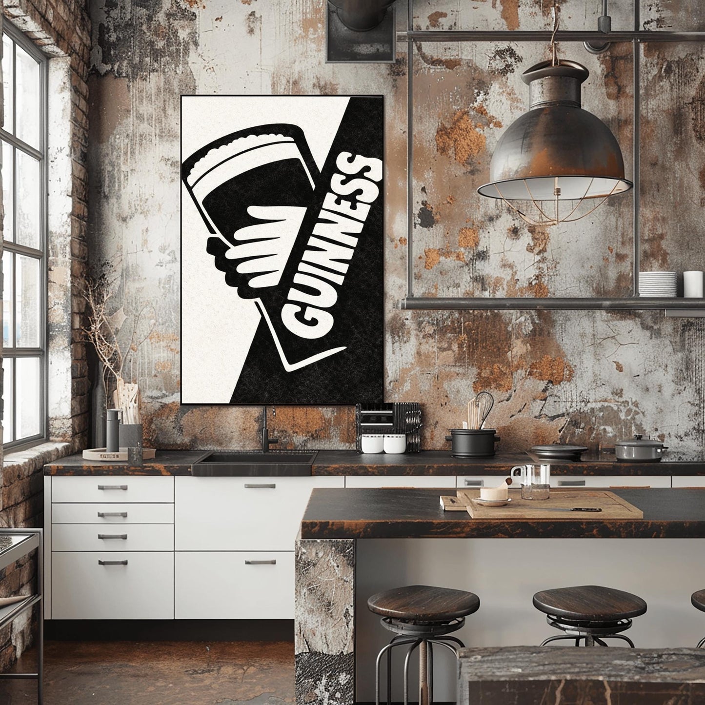 A vertical minimalist graphic divided diagonally into cream and black sections. A white hand holds a pint of Guinness against the black side. The word "GUINNESS" is written vertically in bold white text along the diagonal split.