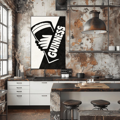 A vertical minimalist graphic divided diagonally into cream and black sections. A white hand holds a pint of Guinness against the black side. The word "GUINNESS" is written vertically in bold white text along the diagonal split.