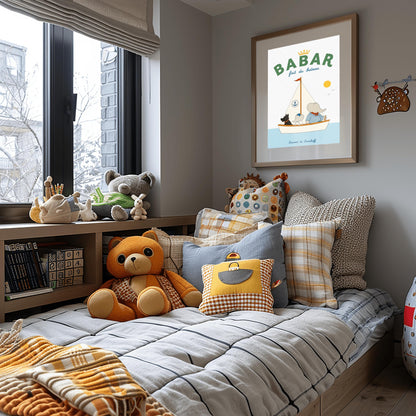 A vertical storybook-style art print of Babar the Elephant sailing a boat against a white background. Babar, wearing a blue and white striped shirt and a red neckerchief, sits in a white boat with a smaller elephant and a black dog. The sailboat has a white sail with a blue anchor logo and a red flag on top. A yellow sun and two small birds are in the sky. The top reads "BABAR fait du bateau" with a gold crown.
