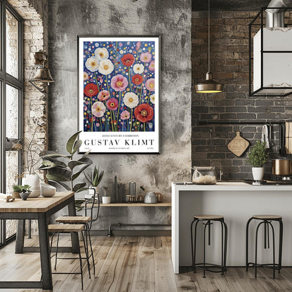 A vertical exhibition-style poster featuring a field of poppies in the style of Gustav Klimt. Large white, red, and pink flowers bloom on slender green stems against a dark navy background filled with shimmering gold and cream mosaic dots. The bottom margin features elegant typography reading "GUSTAV KLIMT" and "20TH CENTURY EXHIBITION."