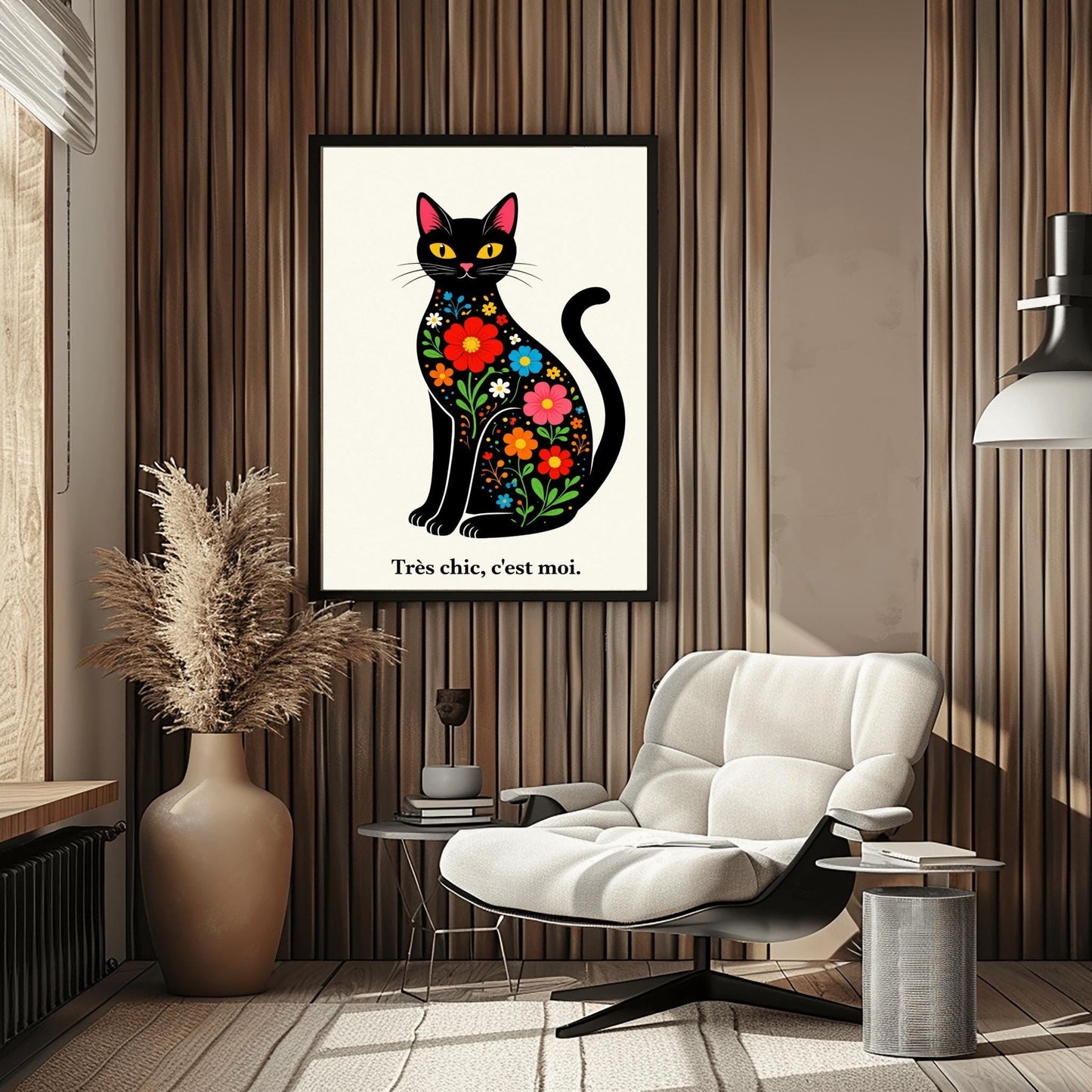 A vertical minimalist art print of a sleek black cat sitting upright, facing forward. The cat's body is filled with colorful folk-art style flowers in red, blue, orange, and yellow with green leaves. The cat has large yellow eyes and a small pink nose. Below the cat, the French phrase "Très chic, c'est moi." is written in a black serif font. The entire image is set against a textured off-white background.
