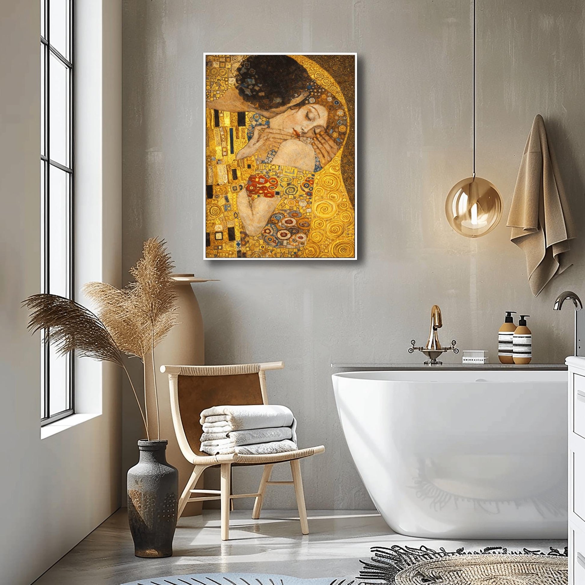 A vertical fine art print in the style of Gustav Klimt's "The Kiss." An embracing couple is centered, their bodies merged under a single, ornate golden cloak filled with geometric patterns like black and white rectangles and colorful spirals. The woman’s face is turned upward with eyes closed in a peaceful expression. The background is a shimmering, textured gold field, creating a radiant and romantic Art Nouveau atmosphere.