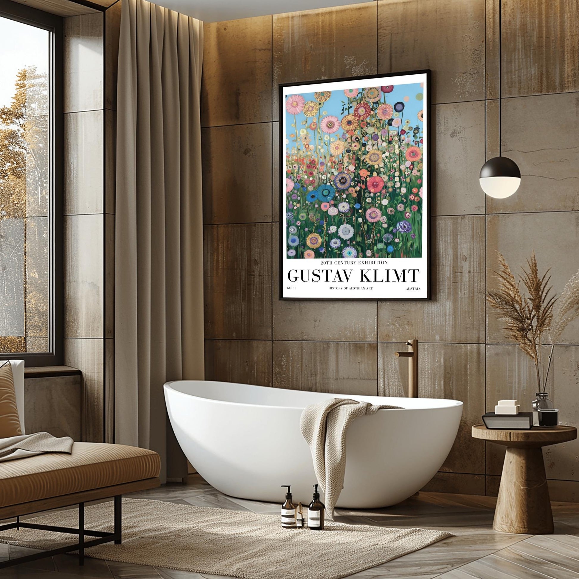 A vertical museum exhibition poster in the style of Gustav Klimt. A dense field of colorful, stylized wildflowers in pink, blue, and orange reaches upward toward a light blue sky filled with golden orbs. Each flower is detailed with mosaic patterns and gold leaf. Bold black text at the bottom reads "GUSTAV KLIMT" and "HISTORY OF AUSTRIAN ART."