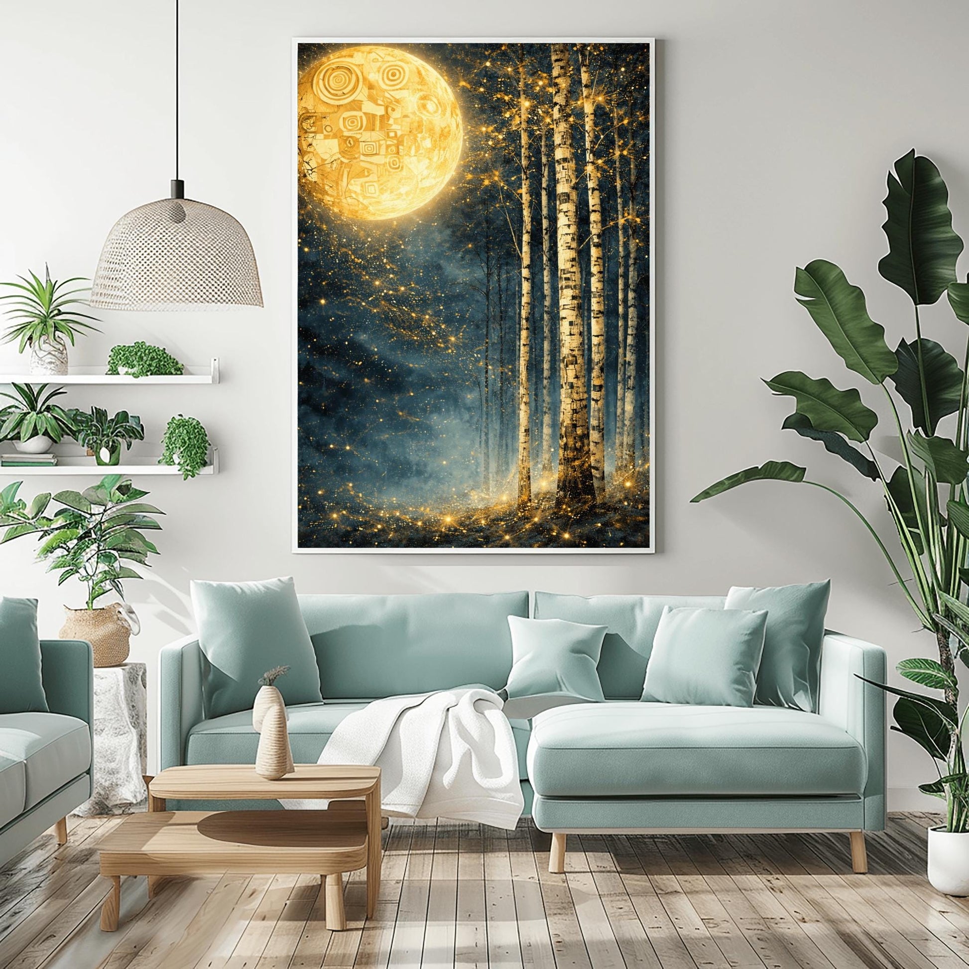 A vertical Art Nouveau illustration in the style of Gustav Klimt. A large, patterned golden moon sits in the upper left corner of a dark, misty teal forest. Slender birch trees stand on the right, while a swirl of golden stardust flows across the center.