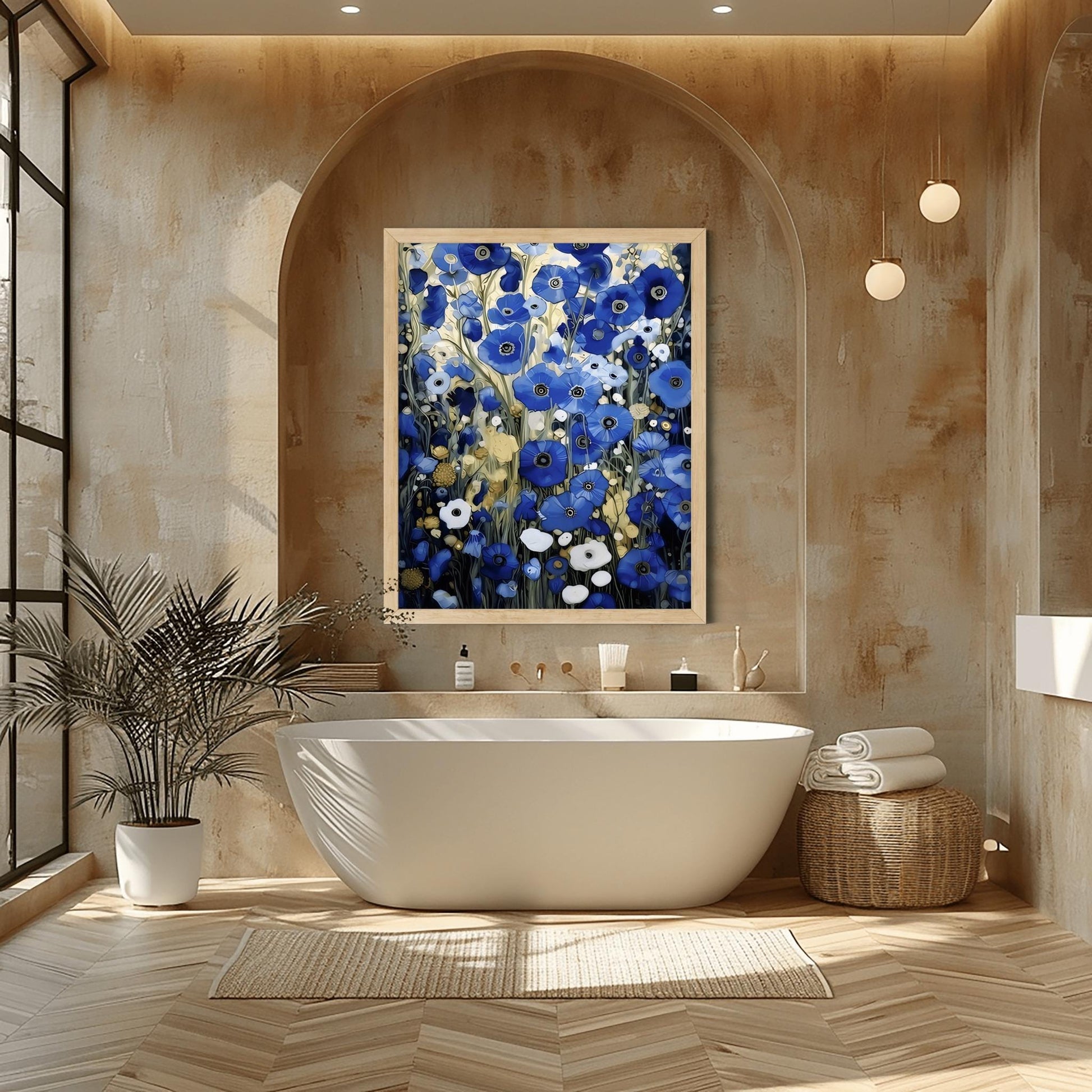 A vertical, highly detailed oil painting in the style of Gustav Klimt. The image is filled with a dense field of blue poppies in shades of cobalt, navy, and light blue. The flowers have dark centers and are surrounded by abstract cream and amber foliage. The brushwork is thick and textured, giving the appearance of a rich mosaic tapestry of flowers.