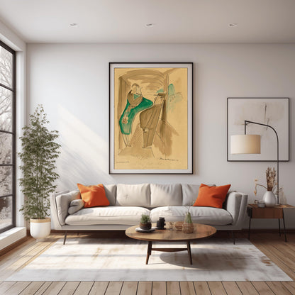 A vertical fine art exhibition poster showing an authentic 1955 sepia sketch by Ludwig Bemelmans titled "Wagon Lits". On a warm tan background with a wide white border, black brush ink lines depict a woman in a teal dress and a man passing each other in a train hallway while a green mountain bridge is visible out the window. A handwritten ink inscription reads "To My Pal Al Merry Christmas Ludwig Bemelmans 1955".