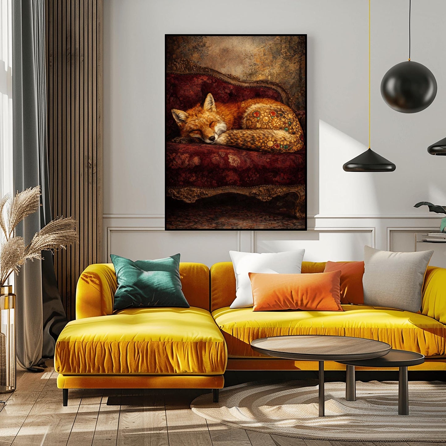 Gustav Klimt Sleeping Fox Art - Ornamental Surrealism Forest Animal Print - Luxury Gold & Crimson Velvet Decor - Gilded Red Fox Fine Art - Moody Maximalist Wall Decor