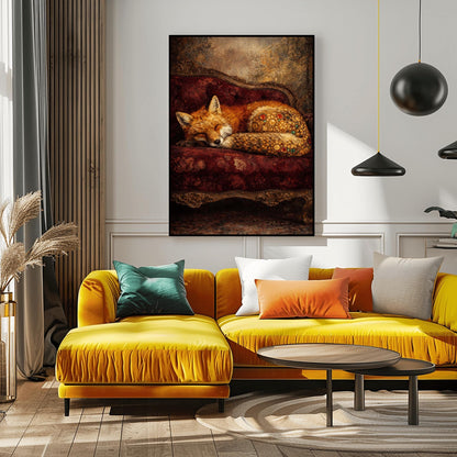 Gustav Klimt Sleeping Fox Art - Ornamental Surrealism Forest Animal Print - Luxury Gold & Crimson Velvet Decor - Gilded Red Fox Fine Art - Moody Maximalist Wall Decor